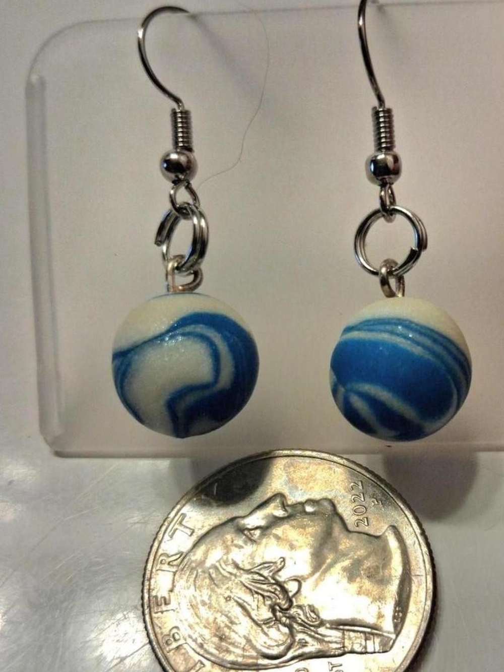 Handmade Polymer Clay Marbled Dangle Earrings Glow In The Dark Blue White New
